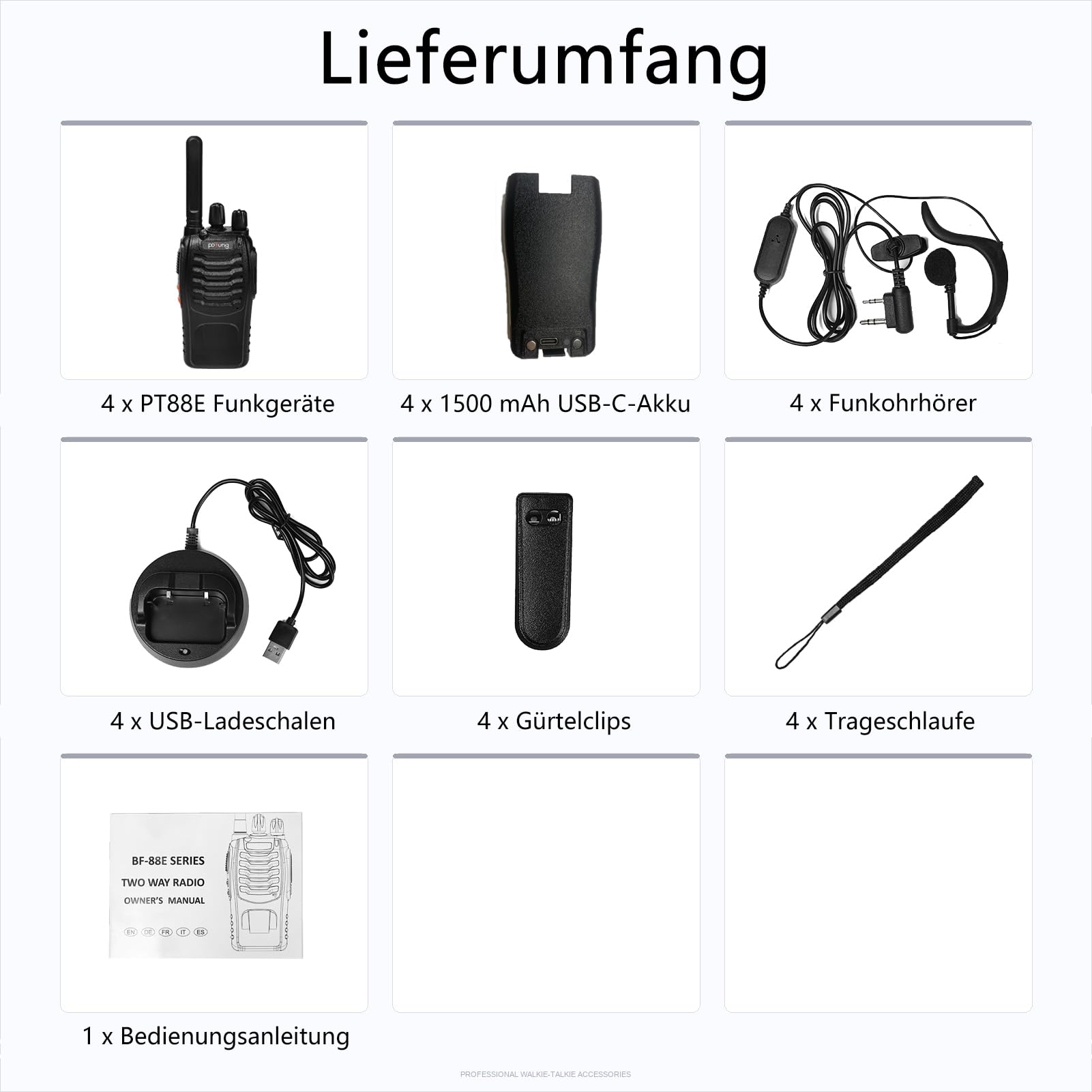 Walkie Talkie PMR446 lizenzfreies Zwei-Wege-Funkgerät, pofung PT88E 16 Kanäle Professionelle wiederaufladbare mit großer Reichweite USB-Ladestation und Hörmuscheln Schwarz 4 Stück