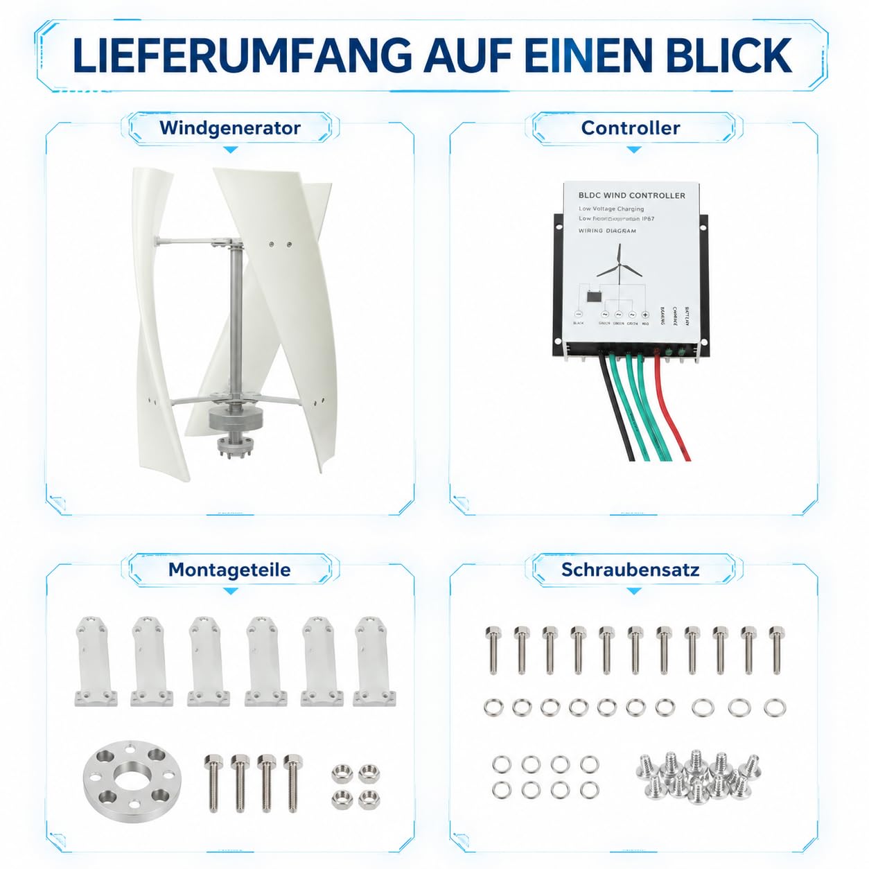 Vertikaler Windturbinen-Generator 100W 24V Windkraftanlage | Mit Permanentmagnet-Lagertung, Windturbine mit 3 Nylonfaser-Blättern und 30 dB, für Boote und Pavillons(Weiß）
