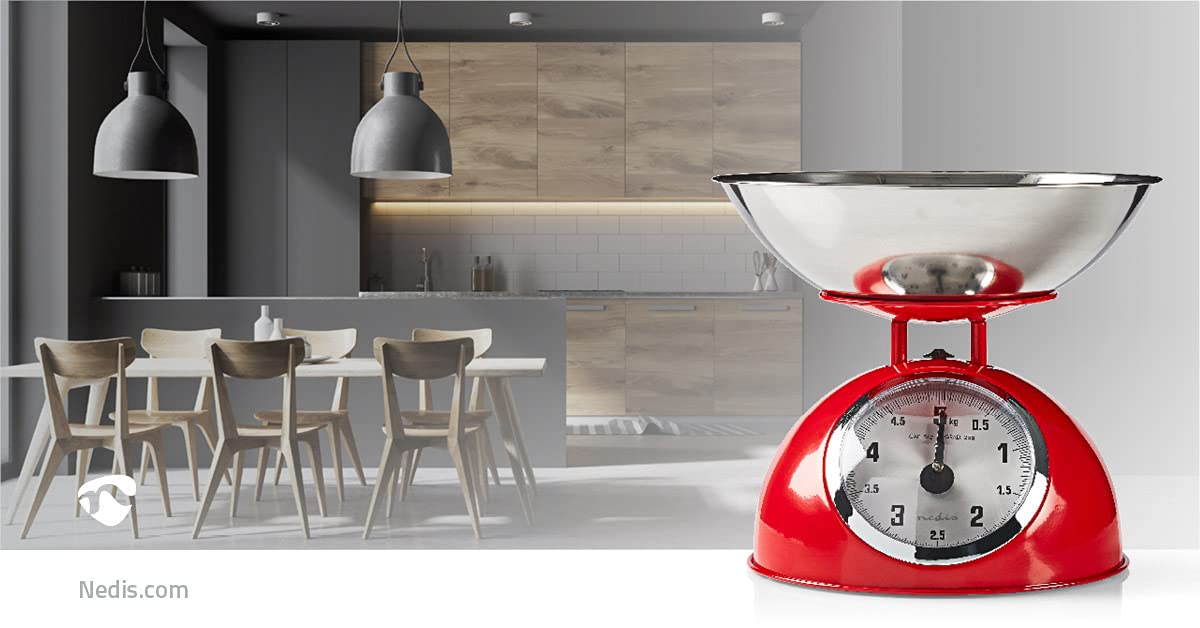 Nedis KASC110RD Küchenwaage - Analog - 5 kg Kapazität - Edelstahl - Glänzendes Design - Analog Küchenwaage - Abnehmbare Schale - Leicht zu reinigen - Küchenzubehör - Waage Gramm - Rot