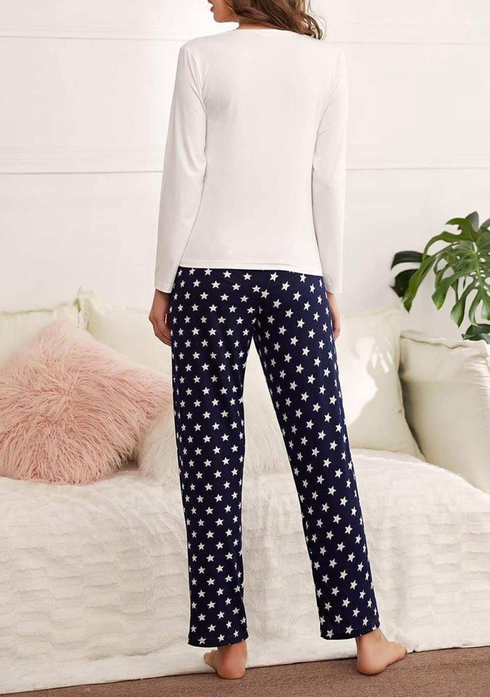 Pijamas Para Mujer Conjunto De Pijama De Poliéster Con Estampado De Estrellas Gris Oscuro Y Cuello Redondo Conjunto De Pijama De Manga Larga Cómodo Para Mujer Conjunto De Dos Piezas Regalo De Fest