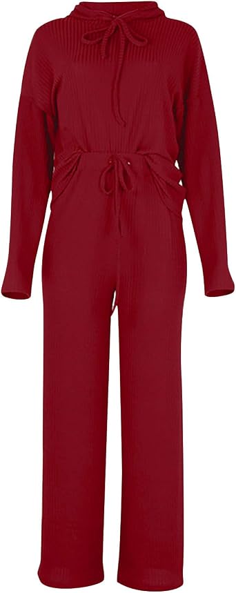 Lastesso Womens Knit Loungewear Set 2 Piece Ribbed Knit Loose Fit Lounge Wear Soft Hoodies Baggy Wid Leg Trousers Cozy Pajama