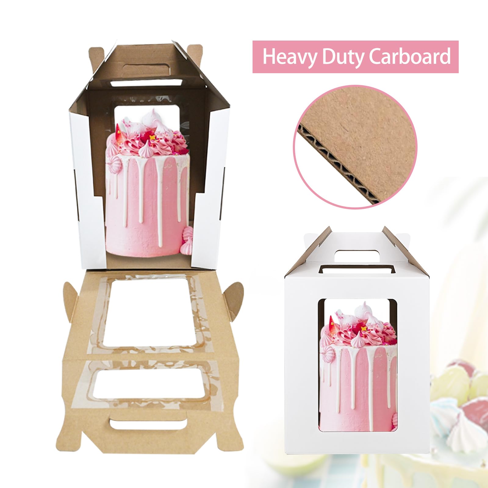 KBG Cajas altas para tartas de 12 x 12 x 14 y 14 x 14 x 16 pulgadas con ventana y asa, desechables, grandes, escalonadas, para pasteles de nivel de 12 y 14 pulgadas