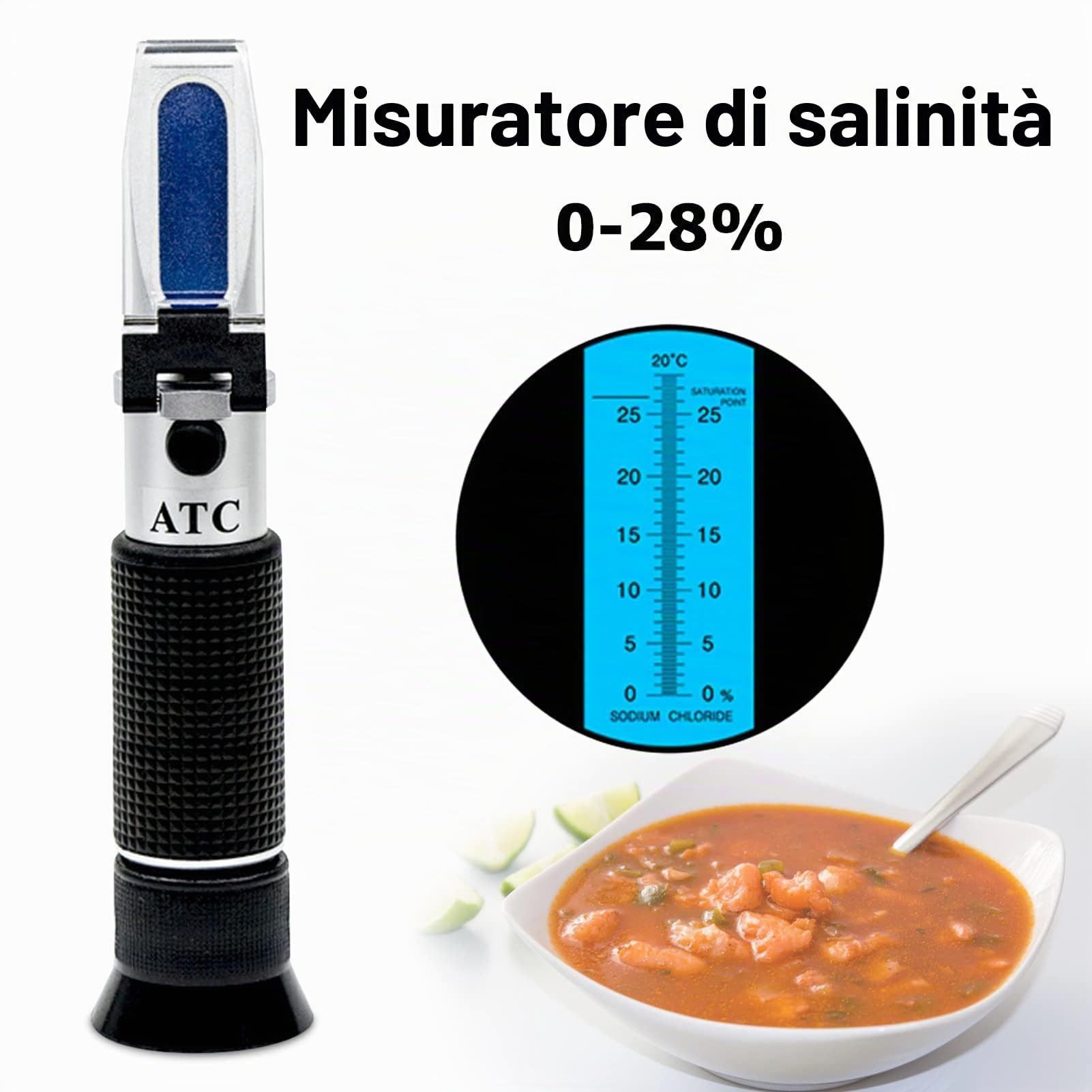 0-28% Rifrattometro di salinità Misuratore di brix Misuratore di salinità di salamoia per alimenti Rilevatore automatico di temperatura Compensazione automatica Tester per acqua salata Idrometro