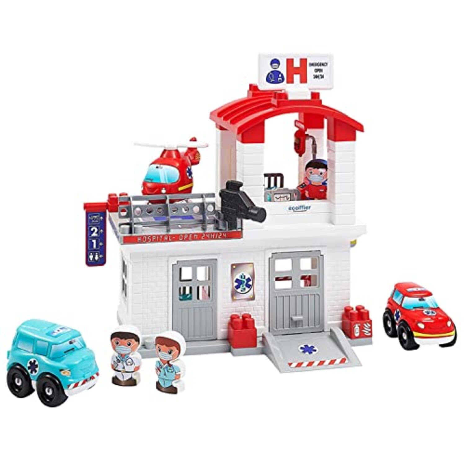 Ecoiffier - Set di 65 mattoncini da Costruzione, con Elicottero, Auto Giocattolo, Medico, Sorella, per Bambini dai 18 Mesi in su