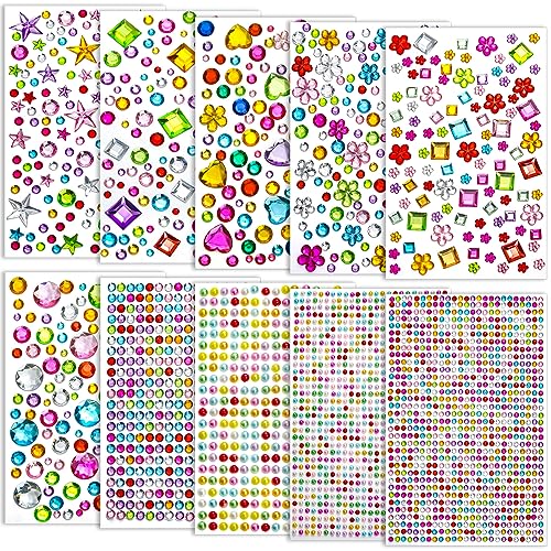 Lezmarket LZ023 3200 Pcs Gems Stickers For Kids Crafts, 10 Sheets Self Adhesive Gems Jewels Stickers cover