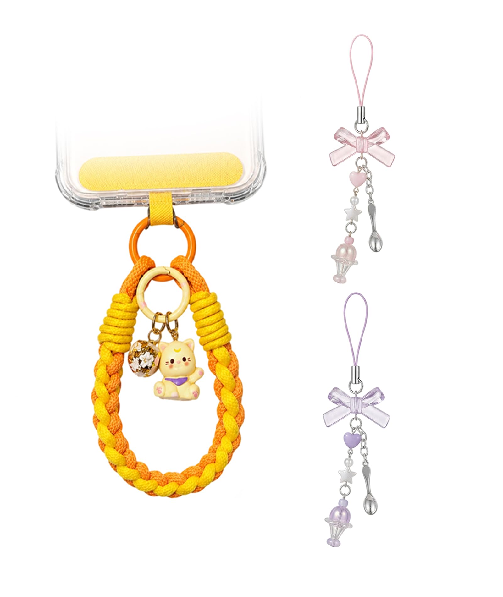 3-Piece Cute Phone Charm Set, Phone Chain, Acrylic Phone Strap and Phone Lanyard with Tether Pad, Cat and Ice Cream Mobile Charms for Drop Prevention-image-20