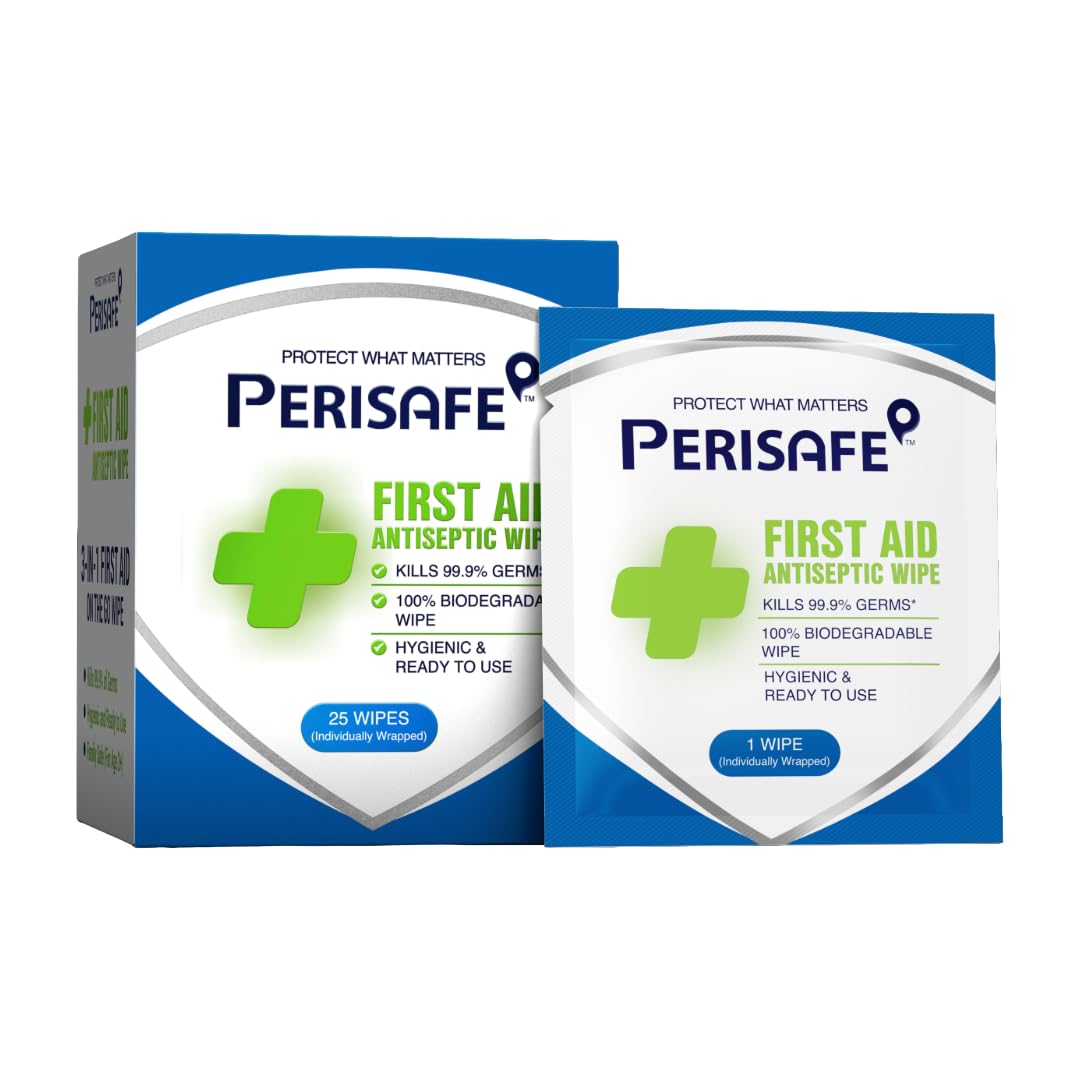 PERISAFE First Aid Antiseptic Wipes | Individually wrapped | 3-in-1 on the go wipe | Kills 99.9% germs | 100% Biodegradable | Hygienic & ready to use | Cleans wounds & Prevents infection| 25 wipes Box-image-36