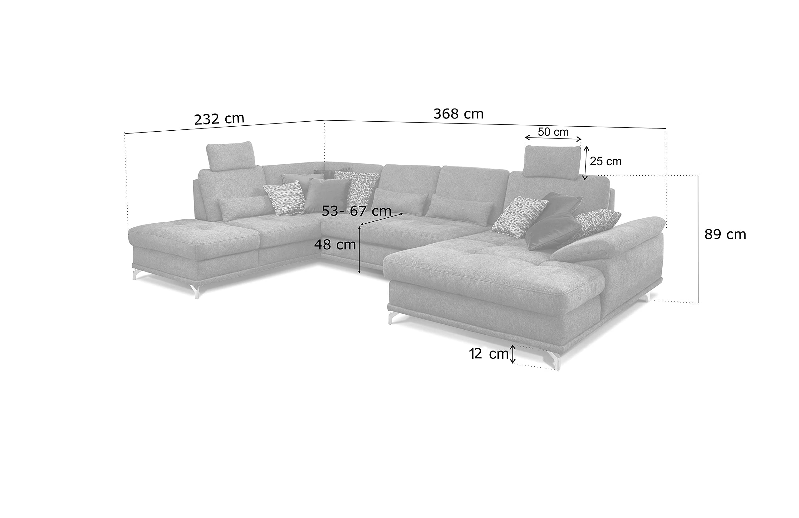 Cavadore Wohnlandschaft Castiel mit Federkern / Großes U-Form-Sofa mit Schlaffunktion, Bettkasten, Sitztiefenverstellung und Kopfstützen / 368 x 114 x 232 / Webstoff, Grau