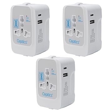 Ceptics Universal Travel Adapter with Type C, 3 in 1 Universal Adapter Plug, Travel Accessories with 2 USB A & 1 USB-C, Travel International Adapter All in One - 3 Pack