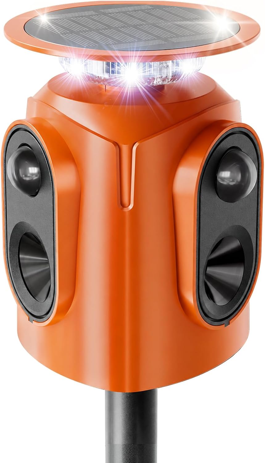 360° Solar Ultrasonic Animal Repellent Outdoor, Deer Repellent Devices with Motion Sensor, IP65 Waterproof Cat Deterrent for Yard, Effective Repel Dog, Raccoon, Squirrel- Orange