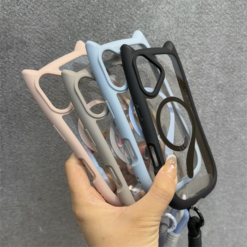 3D Cat Ear Cute Case for iPhone 16 15 14 13 12 Pro Max [Compatible with MagSafe] Millitary Shockproof Transparent Magnetic Cover (Blue with Lanyard,for iPhone 16 Pro Max)