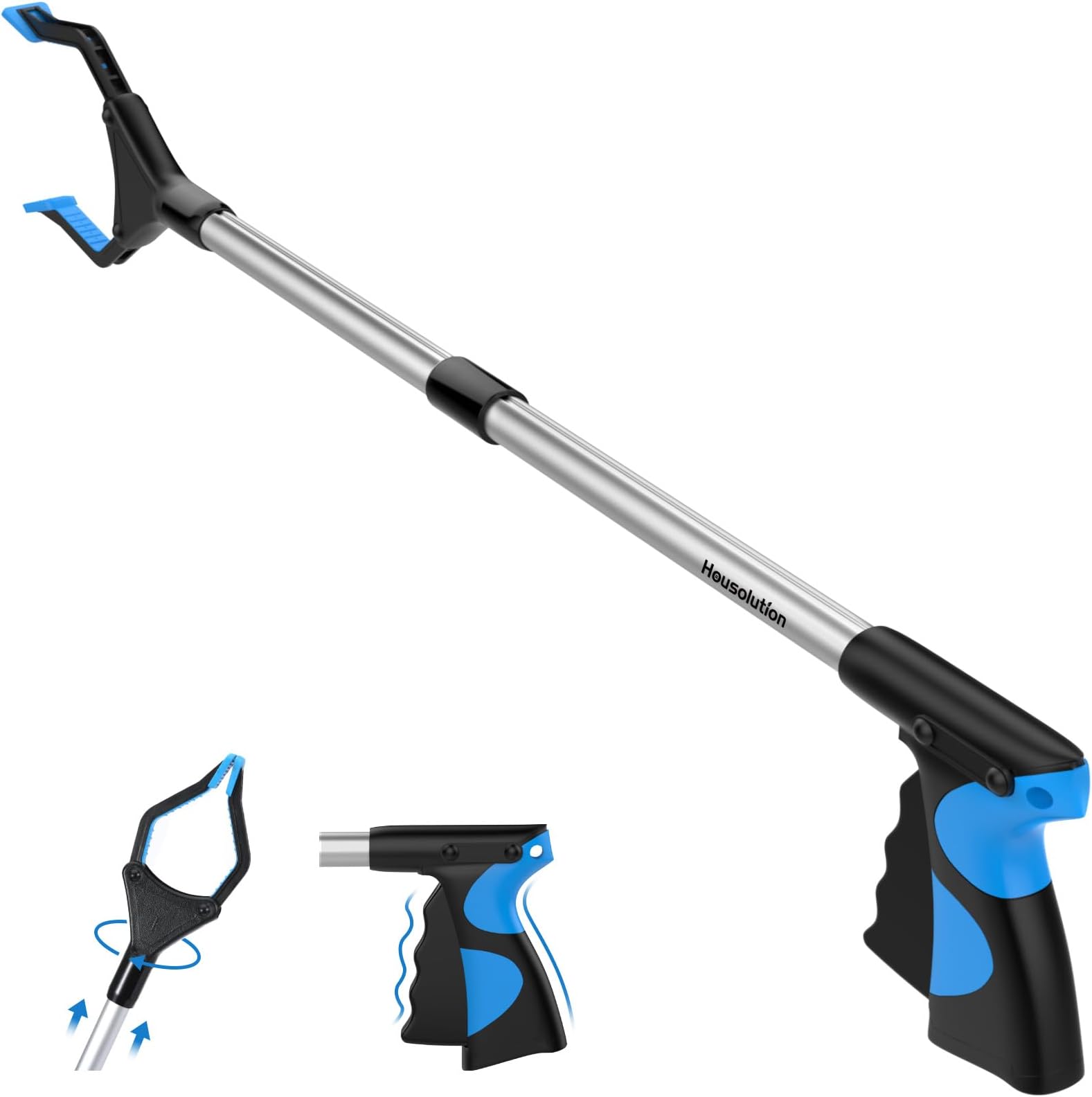 Housolution Reacher Grabber Tool, 32" Foldable Pickup Tool, Lightweight Aluminum Reaching Aid with Rotating Rubber Gripper, Long Arm Extender for Elderly, Litter Trash Picker, Garden Nabber, Blue