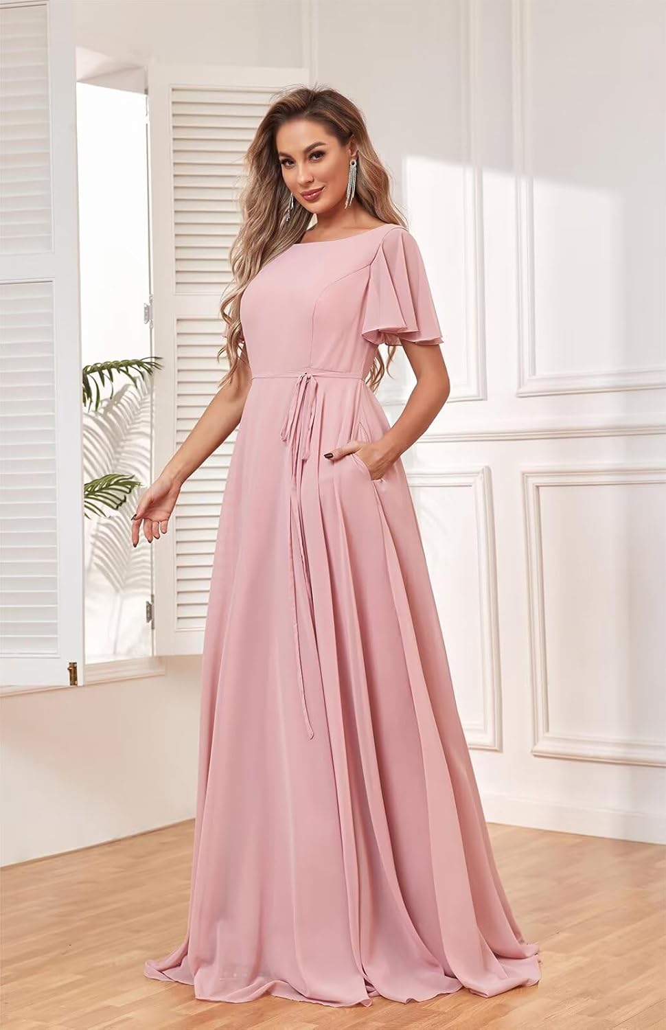 Flutter Sleeve Chiffon Bridesmaid Dresses for Women Long A-Line Formal Gown with Pockets Sash