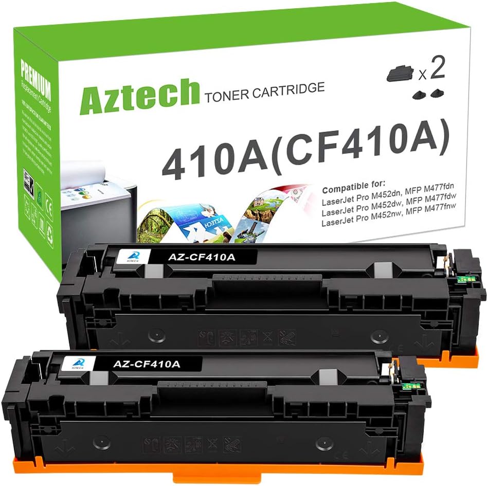 Aztech Compatible Toner Cartridge Replacement for HP 410A CF410A 410X CF410X Color Pro MFP M477fnw M477fdn M477fdw M452dw M452nw M452dn Toner Cartridges Printer (Black, 2-Pack)