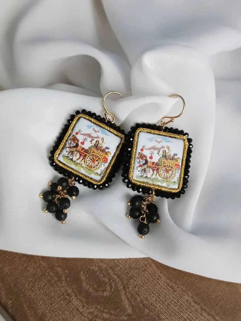 Orecchini Siciliani con Mattonelle in Ceramica di Caltagirone e Pietra Lavica