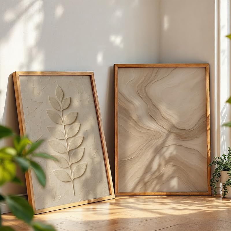 Image of NoWorries Minimal Leaf Wall Painting Set of 2 with Frame | Neutral Beige Botanical Leaf & Abstract Marble Texture Artwork, Modern Nature Wall Decor for Living Room, Bedroom, Office and Home Decoration (Art-4, 10x13inch)