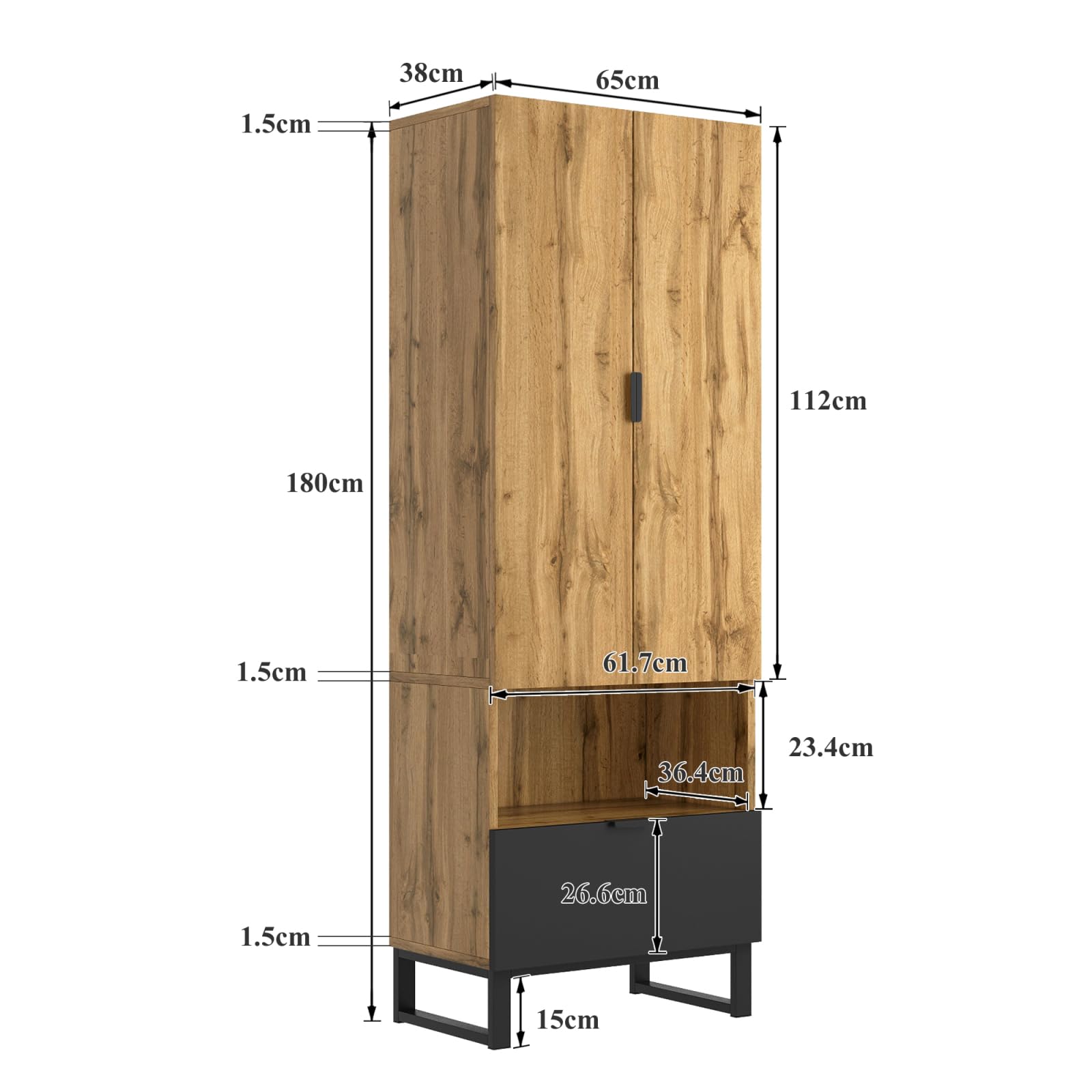 Set di cassetti, guardaroba compatto con ripiani regolabili e asta appendiabiti, set con 2 ante e maniglia, per corridoi e ingresso, 180 x 65 x 38 cm, legno e nero