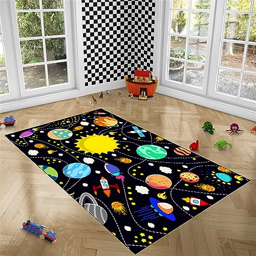 Solar System Rugs for Boys - 3x5 ft Outer Space Children Play Area Rug Satellite Rockets Pattern Satellite Rockets Play Mat Rug for Boys Girls Galaxy Carpet Mat for Dinning Dorm Living Room