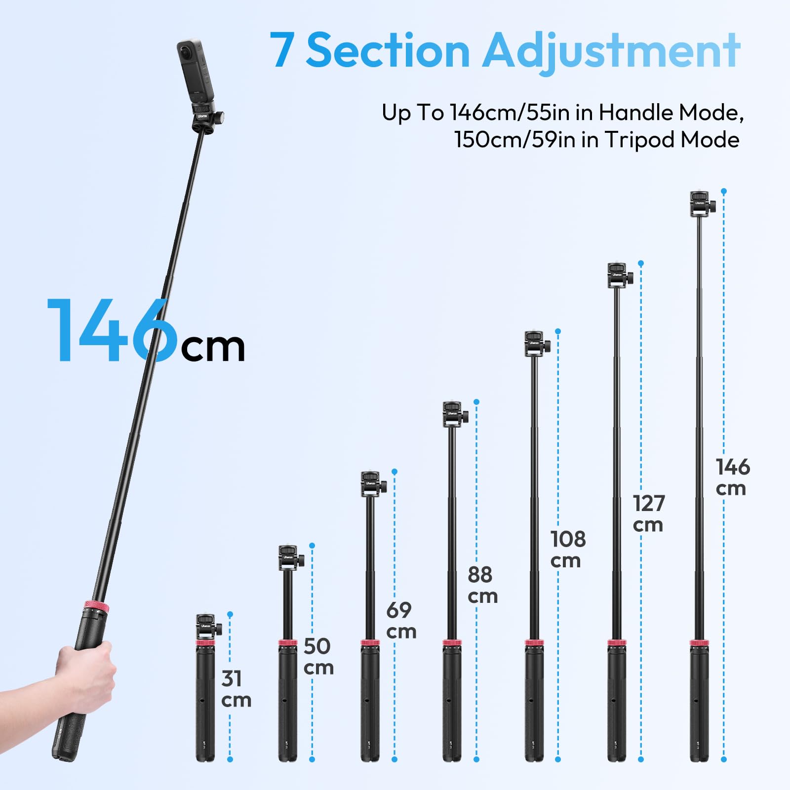 Ulanzi MT-71 Trépied à Selfie pour caméra 150 cm Longueur Invisible Extensible Poignée Portable léger 7 Sections pour Action Camera Hero 11 10 9 8 7 Noir/insta360 One DJI Action