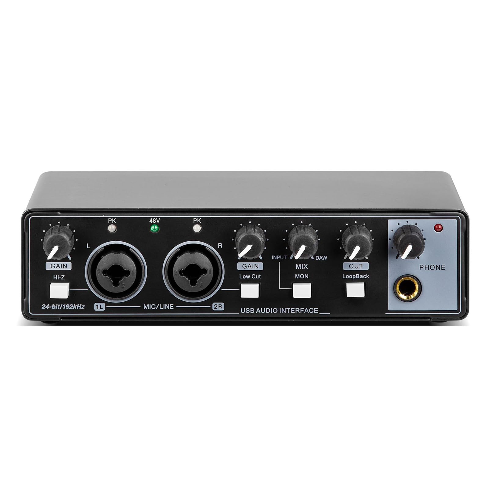 Interfejs Audio USB C, 24-bitowa Karta Dźwiękowa do Studia nagrań 192 KHz z Podwójnymi Wejściami XLR TS, Sterowanie na Panelu Przednim, do Transmisji na żywo z gitarą PC (BLACK)