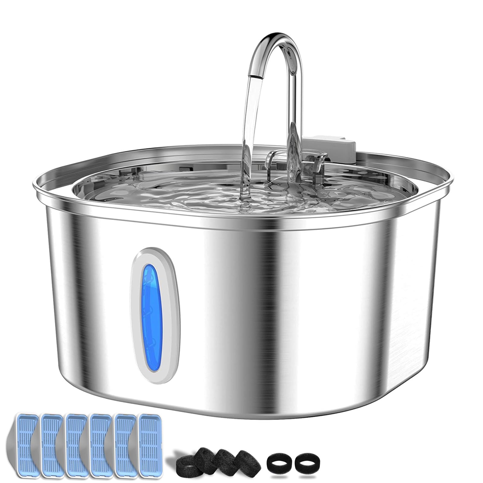 Fuente de agua para gatos PEKTACO de acero inoxidable – Fuente 3,2L para interior con indicador de nivel de agua, fuente para gatos y perros, 6 filtros + 6 esponjas