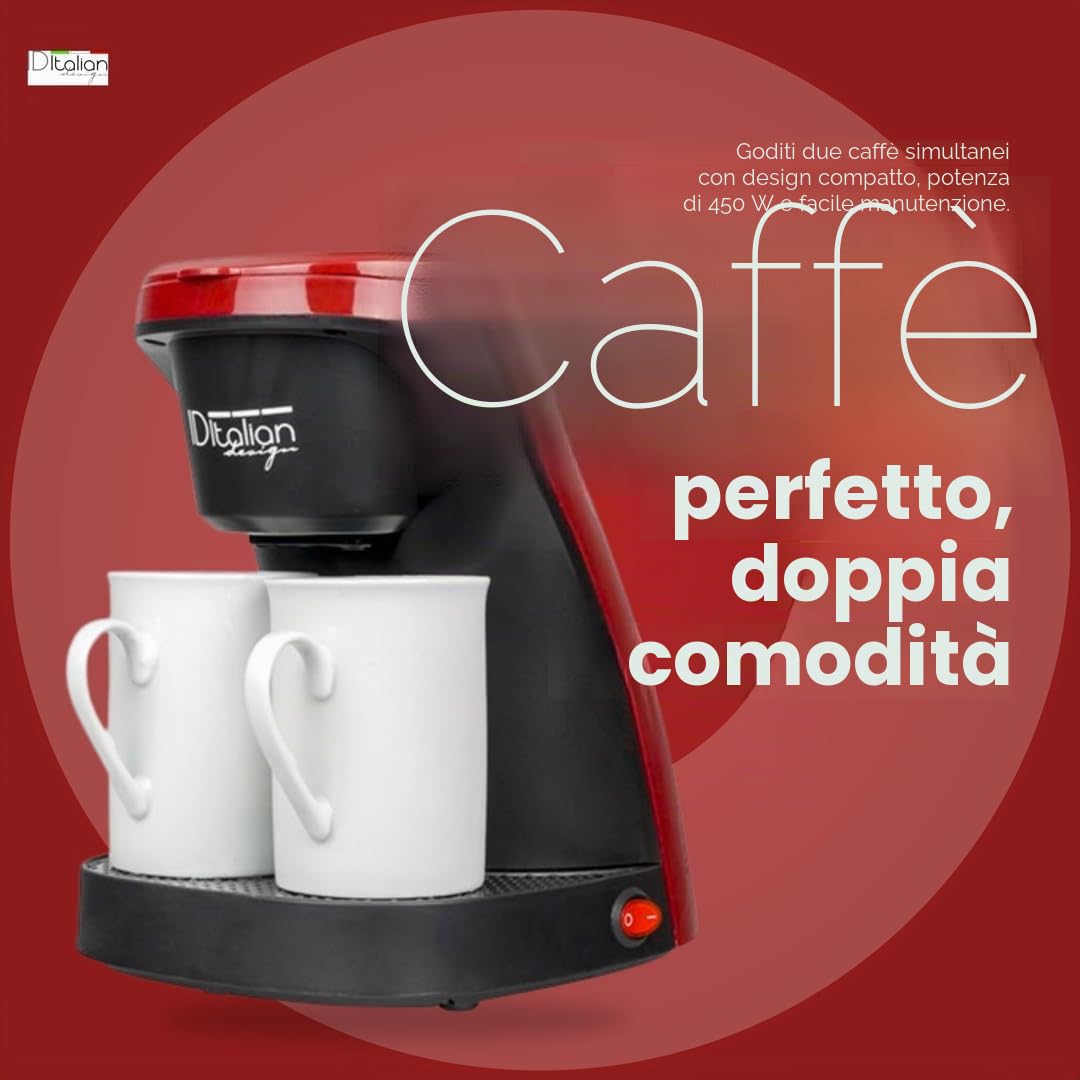 ID Italian Design – Mini macchina da caffè americano TOTAL COFFEE DUO PRO – Preparazione simultanea – Serbatoio 0,24 L – Design compatto – 450 W – Caffetiera 2 tazze (incluse)