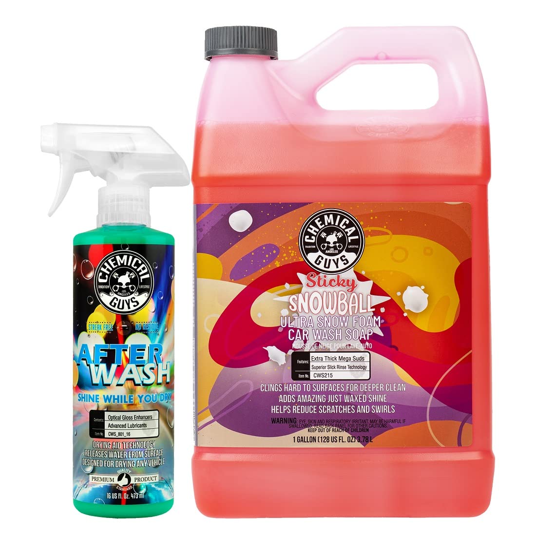 Chemical Guys CWS215A Car Wash, Dry & Shine Bundle - Sticky Snowball Ultra Snow Foam Car Wash Soap, 128 oz (1 Gal) + After Wash Gloss Boosting Drying Aid (16 oz) (2 Items) Works on Cars, Trucks, SUVs