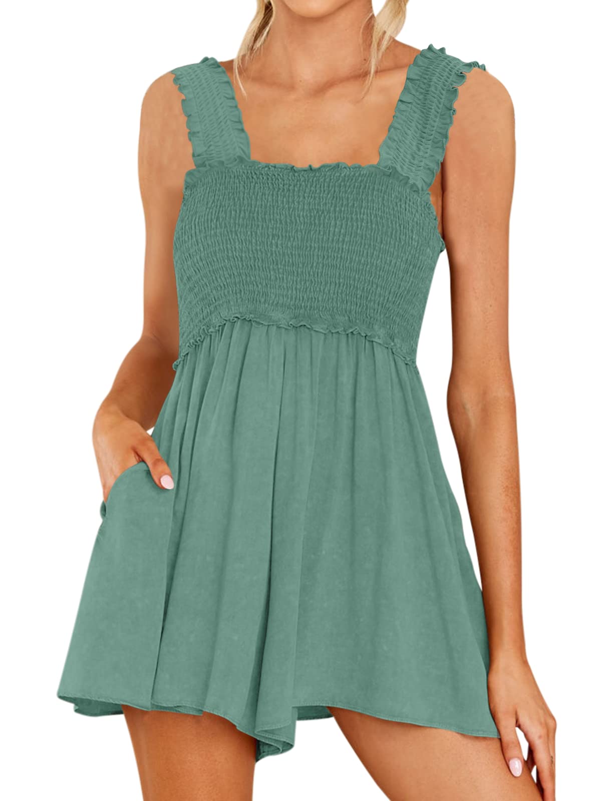 DEEP SELF Women Summer Sleeveless Romper Square Collar Ruffle Straps Flowy Short Jumpsuit with Pockets