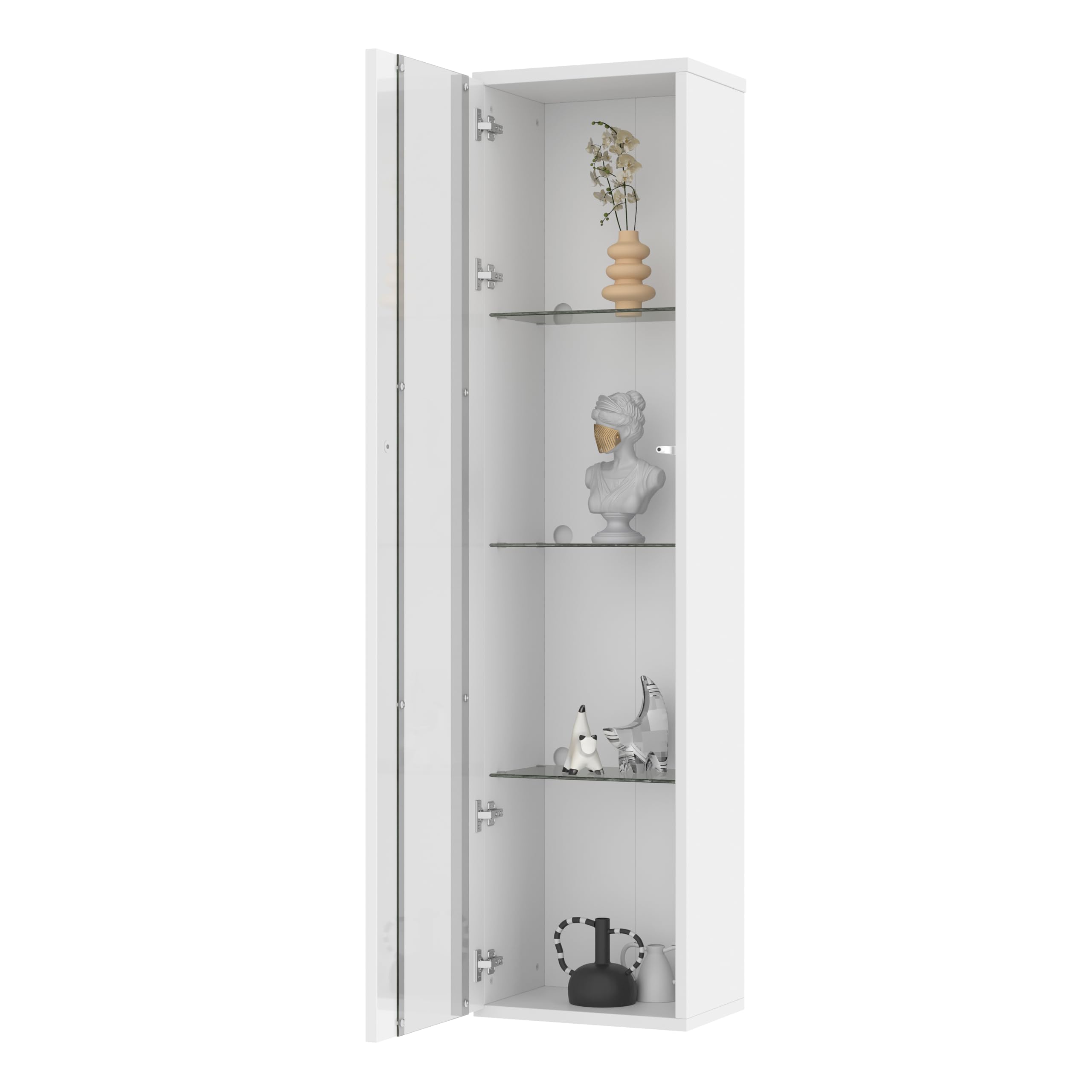 Vitrina Expositora con Iluminación LED, Vitrina Salon con 3 Estantes de Cristal, Vitrina Cristal para Salón Dormitorios Oficina, 40x29x170 cm, Blanco