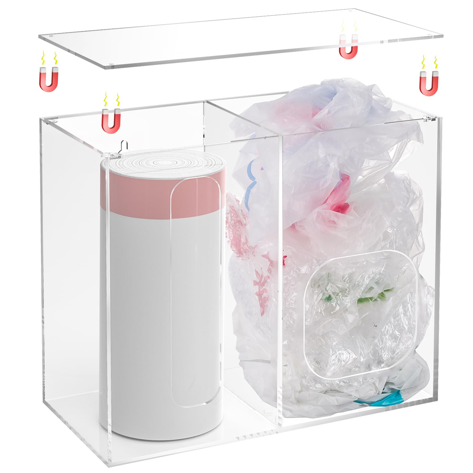 NiHome Soporte para bolsas de comestibles y dispensador de bolsas de basura de acrílico transparente 2 en 1 con tapa magnética, ahorro de espacio con opciones de montaje flexibles para el hogar y la