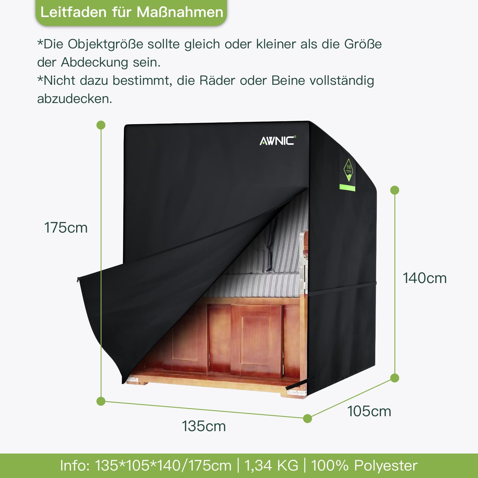 Awnic Strandkorb Schutzhülle Winterfest Strandkorbhülle Strandkorbhülle 2 Sitze Wasserdicht 420D Polyester L135×B105×H175/140cm