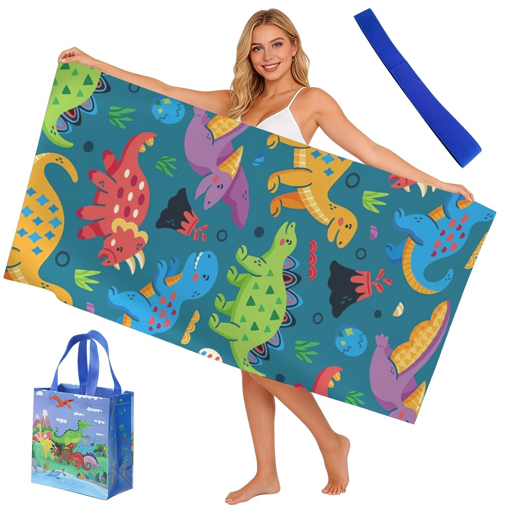 Vexthorion Dinosaur Dino Beach Towel, Sand Free Dinosaur Microfiber Beach Towel With Elastic Fixing Belt Portable, Quick Dry Sand Free Oversized Travel Towel For Beach Pool Camping 3pcs (blue2)