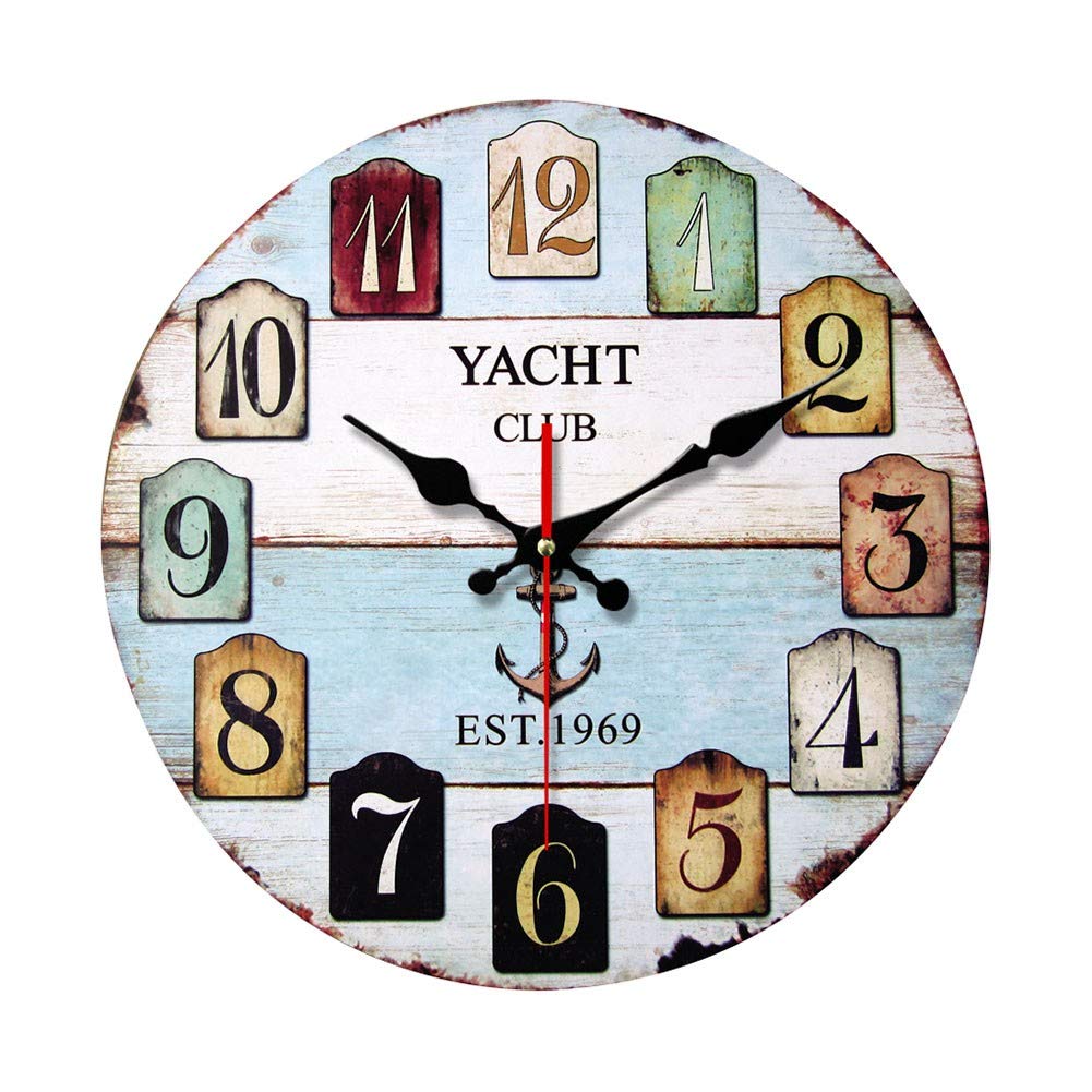 Horloge murale ronde en bois de 14 pouces style vintage rustique multicolore pour salon