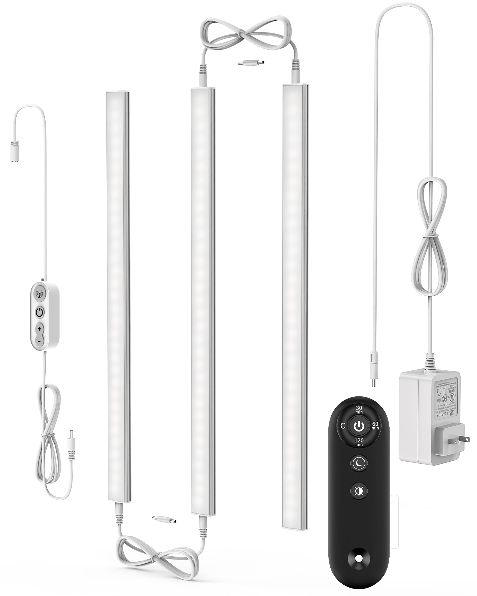 Remote Control Under Cabinet Led Light Plug in, Dimmable Daylight White 4500K, 3 Pack 12 inch Linkable Led Under Counter Lights for Kitchen Upgrade ETL Listed Plug 24V, UNO-LK 4500K
