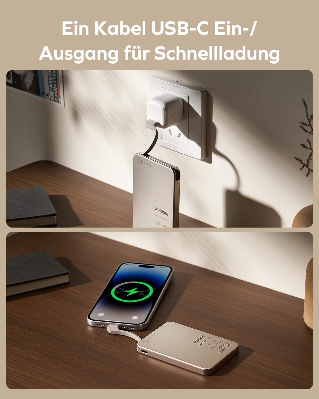 MOMAX 5000mAh Powerbank PD 20W Schnelladegerät- 0,8cm Ultraflache Powerbank mit integriertem Kabel für iPhone 15~17 Serie (Nicht drahtlos Aufladen)
