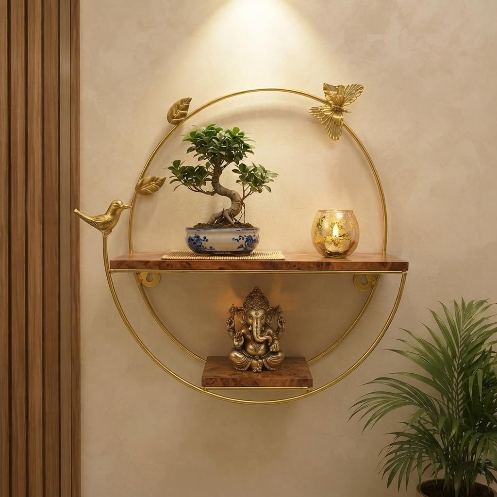 Luxury Round Metal Wall Shelf with Wood, 30x30x12 cm | Bird & Butterfly Motif, Gold Finish, Dual Wood Shelves-image-8