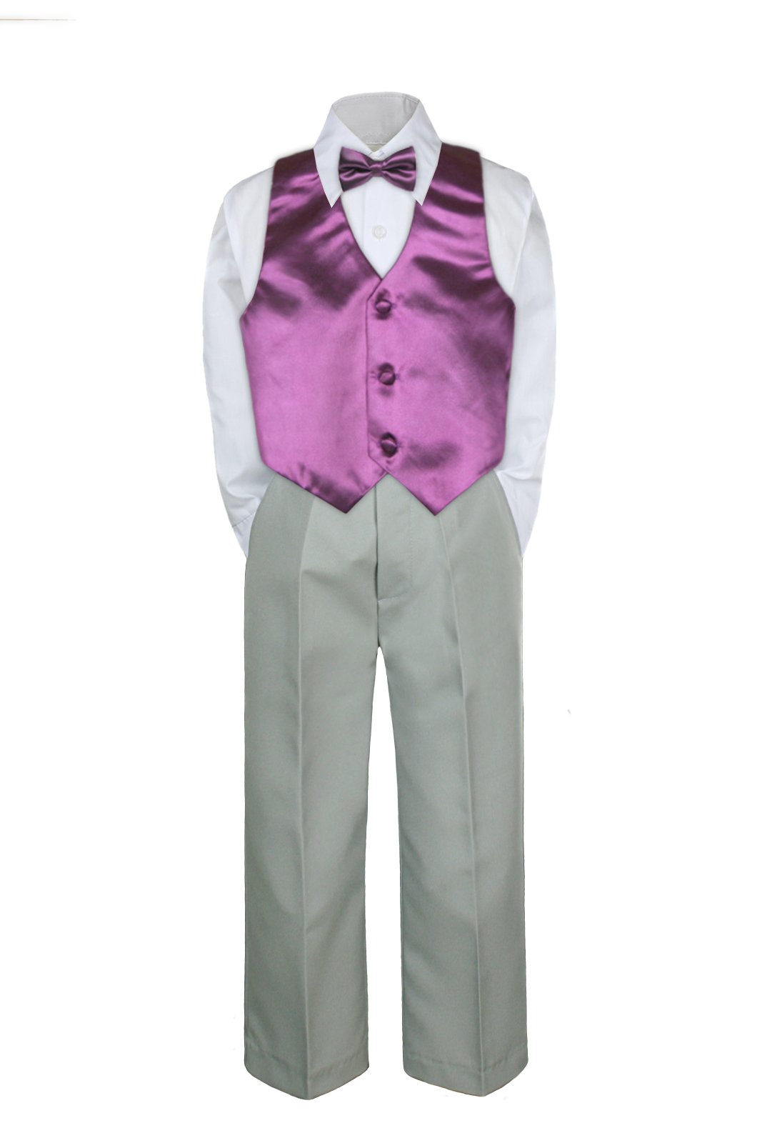 4PC Shirt Gray Pants Vest & Bow tie Set Baby Boy Toddler Kid Formal Suit Sm-7