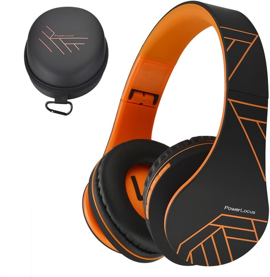 PowerLocus Bluetooth Over-Ear Headphones, Wireless Stereo Foldable Headphones Wireless and Wired Headsets with Built-in Mic, Micro SD/TF, FM for iPhone/Samsung/iPad/PC - Black/Orange