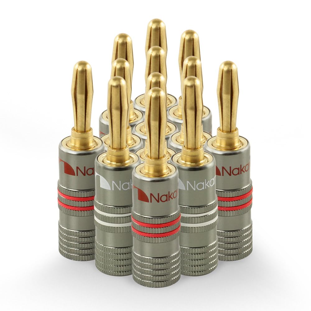 Nakamichi Série Ultime 24K Cuivre Rouge Béryllium Plaqué Or Fiche Banane Calibre 12-18 AWG 4mm pour Connecter Les Enceintes HiFi, Amplificateur, Récepteur et Systèmes Stéréo 12 pièces (6 paires)