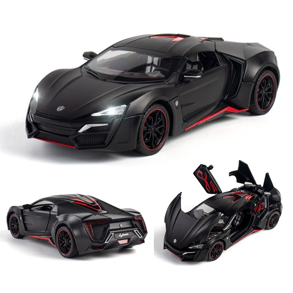 FUNABLO 1:32 Scale Exclusive Alloy Metal Pull Back Die-cast Car Model with Sound Light Mini Auto Toy for Kids Metal Model Toy Car with Sound and Light (LYKAN Hyper Sport -Black) 3