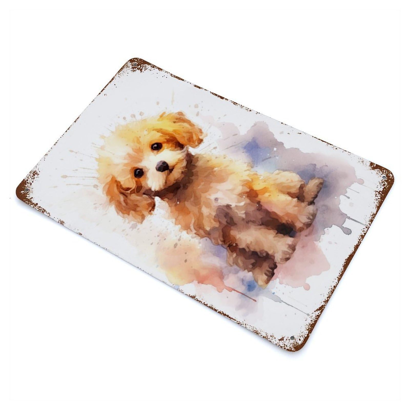 Weathered Tin Sign with Watercolor Poodle Design 11.8"x7.9", for Garage, Bar And Workshop Decor, Decorative Metal Wall Art