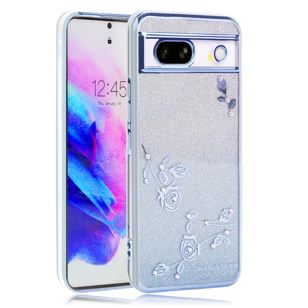 JOOBOY スマホケース 対応 Google Pixel 7a 用 ケース メッキ加工 花柄 ソフトケース TPU 薄型 おしゃれ かわいい 衝撃吸収 ブランド グーグルPixel 7a 用 携帯カバー (キラキラ-ブルー)
