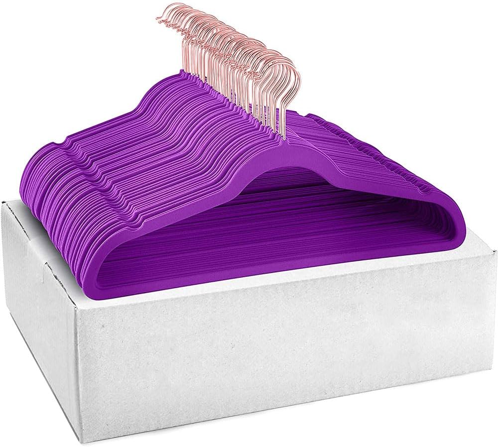 50 Pack Premium Quality Space Saving Velvet Hangers Strong and Durable Hold Up to 10 Lbs - 360 Degree Chrome Swivel Hook - Ultra Thin Non Slip Suit Hangers (Purple, Rose Glod Hook)