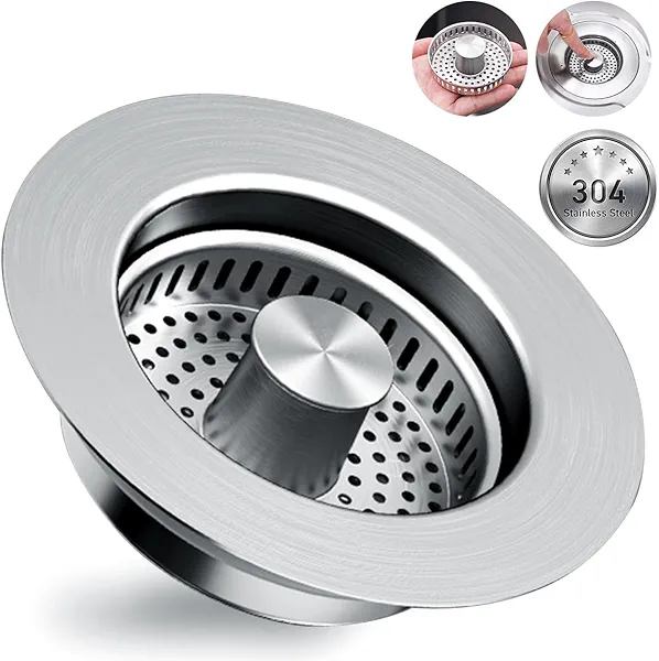 RLQXG 3 in 1 Kitchen Sink Drain Strainer [304 Stainless Steel Pop Up] Anti-Clogging Kitchen Sink Drain Stopper Stainless Steel Efficiently Drainage Odor Filter Sink Plug for Us Standard 3-1/2 Inch