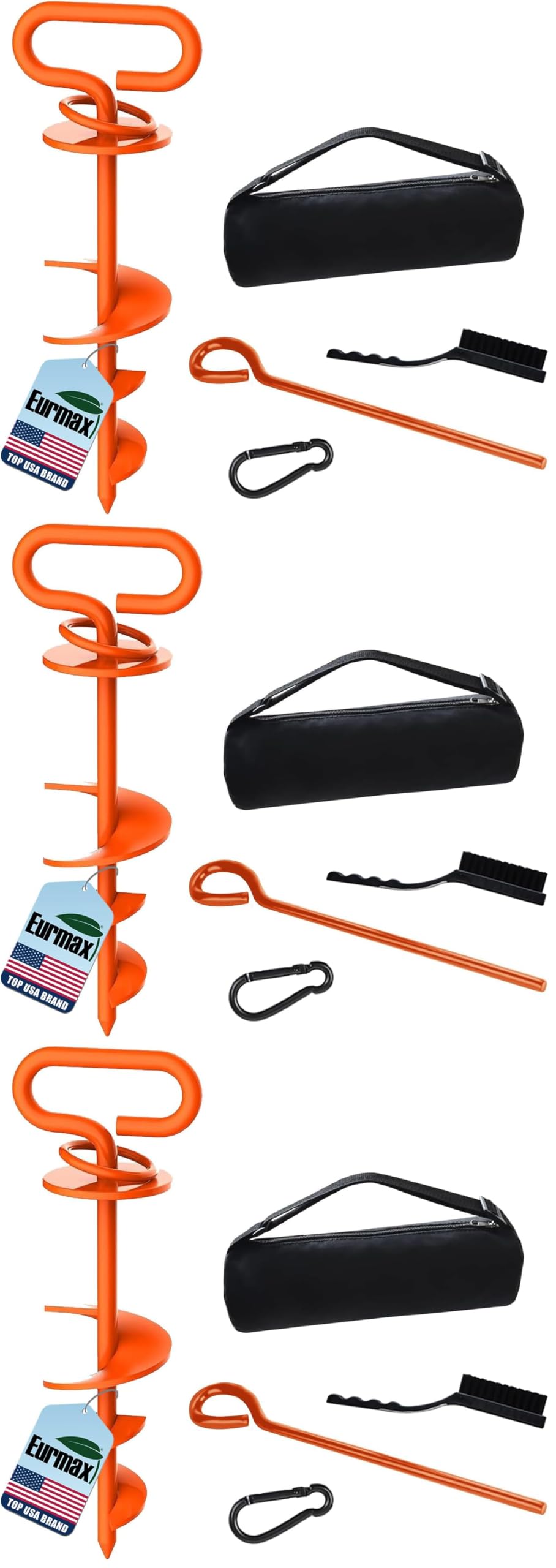 Eurmax USA Dog Tie Out Stake Triple Lock Heavy Duty Dog Anchor for Large Dogs Trampoline Stakes Dog for Yard and Outdoor Dog Runner Install &amp; Travel Kit Included,3-Pack(Orange)