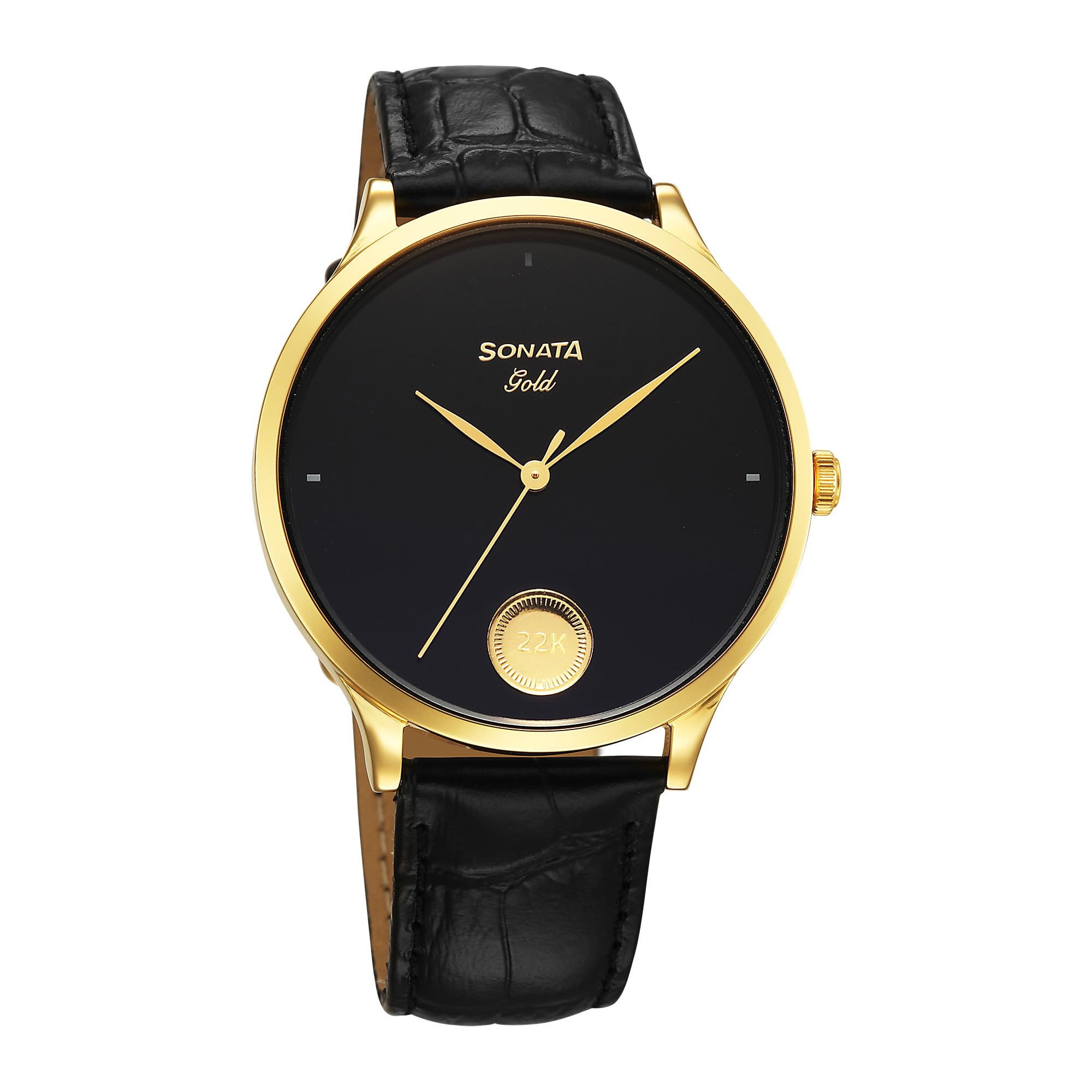 Gold Quartz Analog Black Dial Leather Strap Watch for Men-image-0