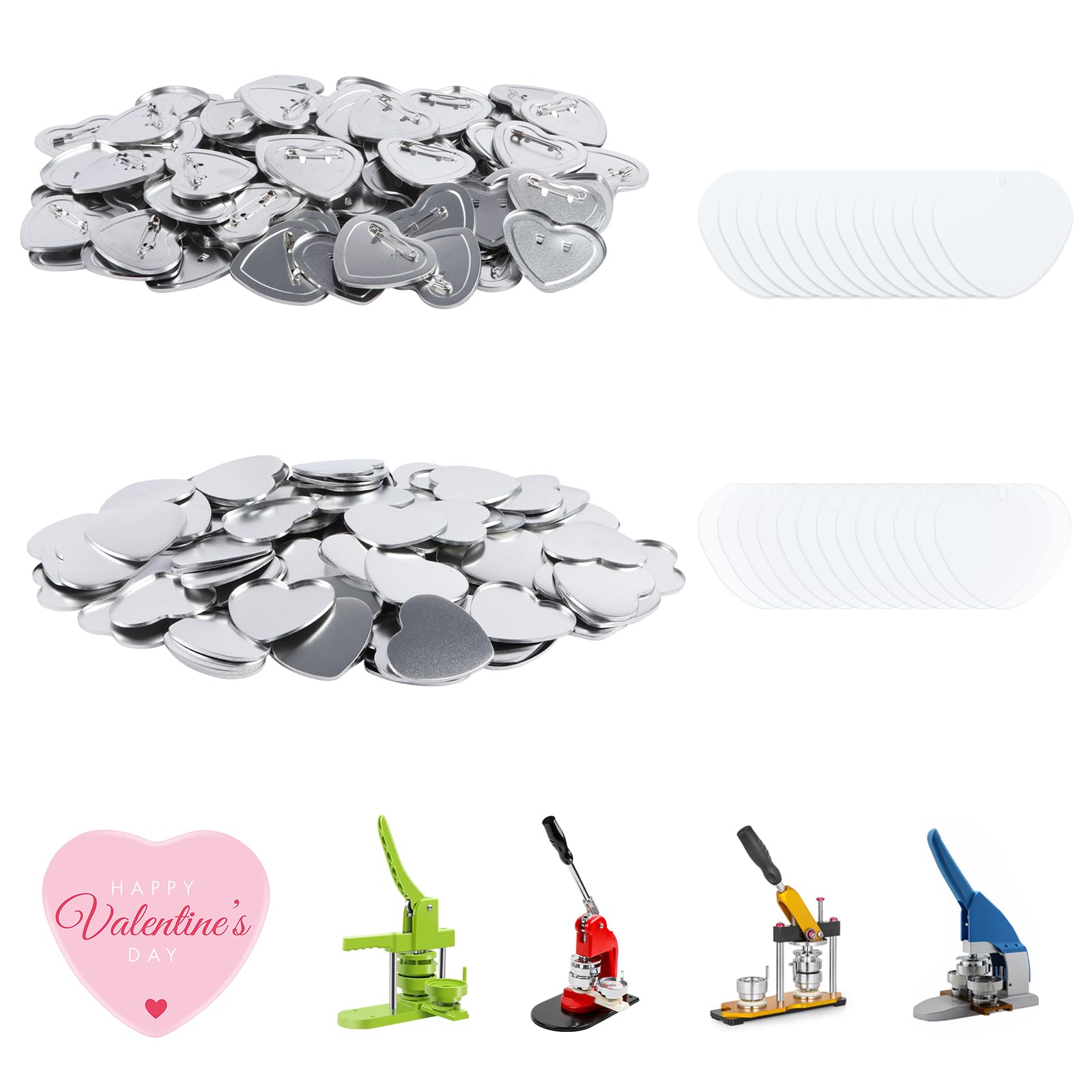 Photo 1 of 100 Sets blank heart Button Parts?Pin Maker Supplies for Button Maker Machine Heart?Including Heart-shaped Metal button pin back cover, Metal Covers, Clear Film&Blank Paper