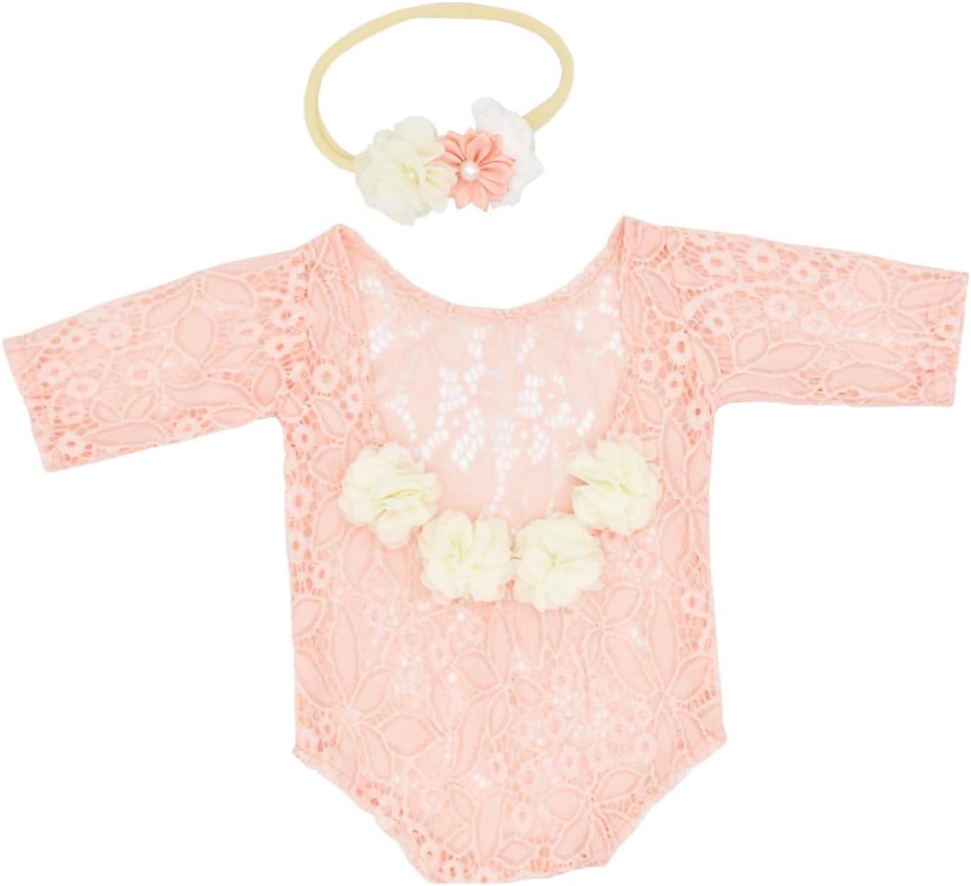 Discount 90% Yuehuam Newborn Girl Photography Outfits Cute Lace Rompers Photography Props with Flower Headband Baby Photo Props Bodysuit Outfit, 1735179/120006AM47USMNH
