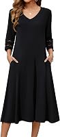 Zeagoo Women's 3/4 Sleeve V-Neck A-Line Midi Dress Casual Loose Flowy Summer Vacation Dress