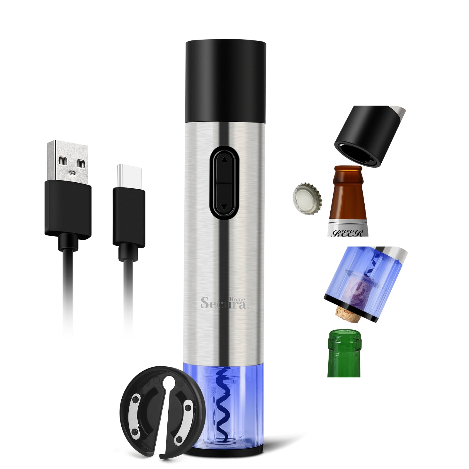 Secura Home Abridor eléctrico de botellas de vino y abridor de cerveza 2 en 1, sacacorchos automático recargable con cortador de aluminio, abridor de vino eléctrico con un solo clic para el hogar